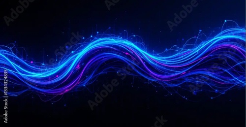 Bright blue and purple light streaks forming abstract wave patterns on a high-contrast black background, ideal for technology, marketing, and futuristic design projects.