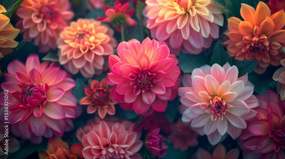 A captivating close up of a vibrant collection of dahlia flowers in full bloom, showcasing their delicate petals and rich, warm colors in a natural setting A captivating close up of a vibrant collection of dahlia flowers in full bloom, showcasing their delicate petals and rich, warm colors in a natural setting