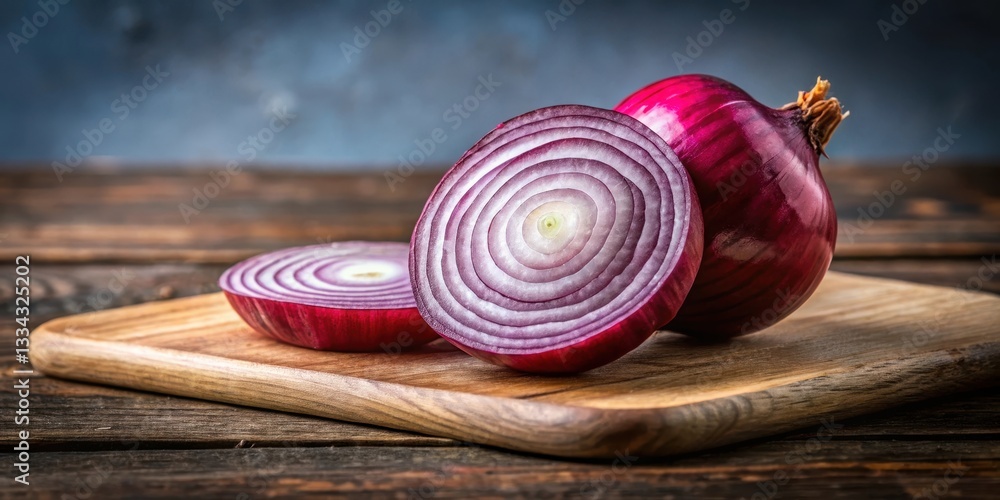 A juicy red onion sits on a wooden cutting board A juicy red onion sits on a wooden cutting board