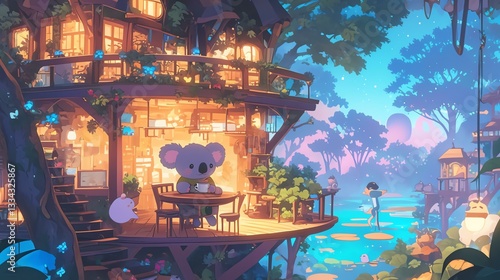 A whimsical treehouse scene with a friendly koala, magical ambiance, and vibrant nature.