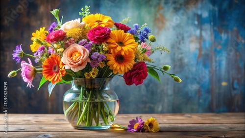 Vibrant mix of flowers in a delicate glass vase, vase, decorative, vase, decorative, elegant, bouquet