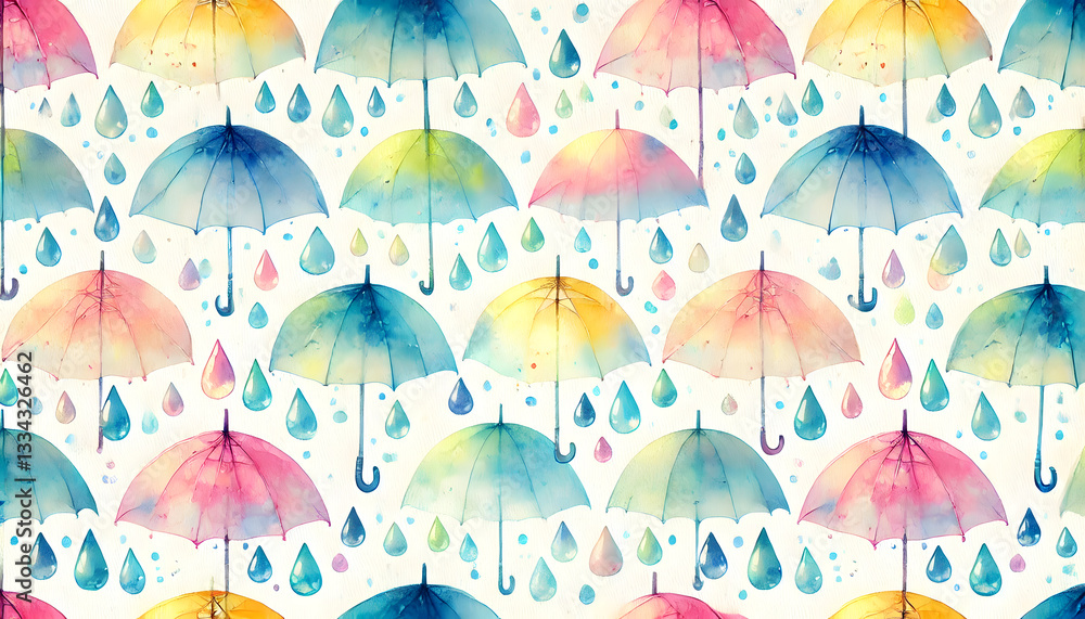 パステルカラーの水彩傘と雨粒のシームレスパターン
パステルカラーの水彩傘と雨粒のシームレスパターン