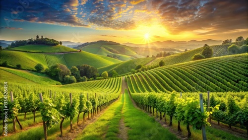 Wallpaper Mural Rolling hills with lush green grapevines and sun-drenched vineyard landscape in a serene rural setting, vineyard, nature Torontodigital.ca