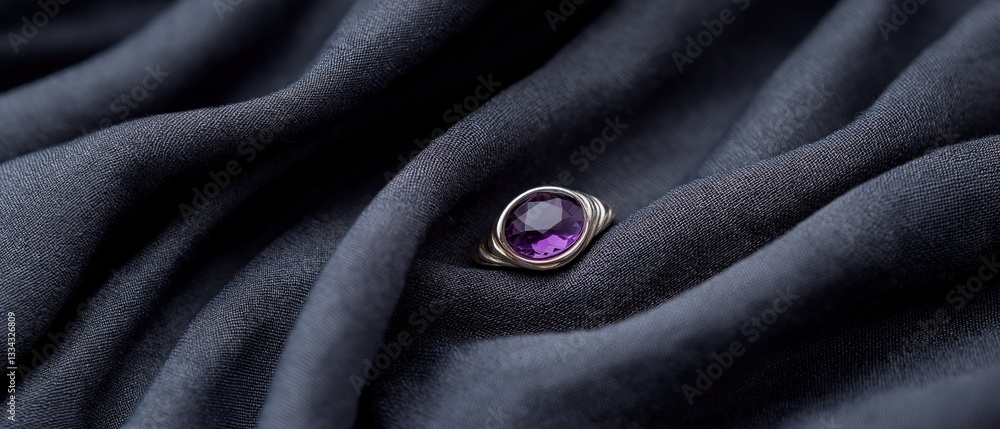 Fototapeta premium Close-up of a ring resting on a dark grey fabric. the ring has a large, oval-shaped amethyst stone in the center, which is a deep purple color.