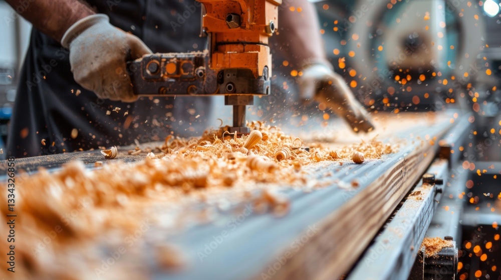 A carpenter working with an orange drill machine to create woodworking details with flying wood shavings and sawdust A carpenter working with an orange drill machine to create woodworking details with flying wood shavings and sawdust