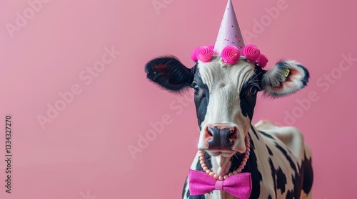 A charming close up portrait of a black and white Holstein cow joyfully celebrating a special occasion with a pink party hat, bow tie and beaded necklace