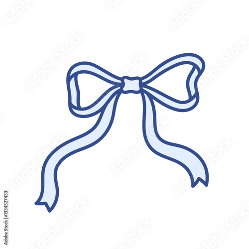 Coquette blue bow of ribbon. Beautiful holiday decorative element, festive gift decor. Cute bowknot. Vector isolated clip art