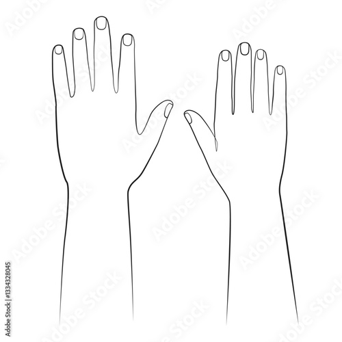 Male and female hands one line drawing on white isolated background