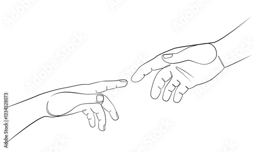 Adam and God hands one line drawing on white isolated background
