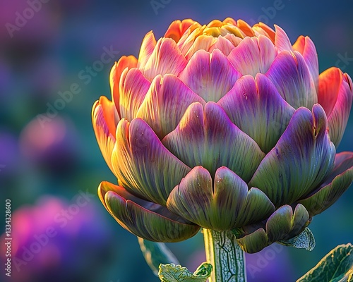 A vibrant artichoke flower is illuminated with golden sunlight perfectly