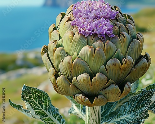 A large artichoke plant displays its purple flower in nature