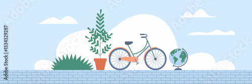 Bicycle, plant, and globe in a minimalist design – Ideal for environmental advocacy, sustainable living, or green transport initiatives.