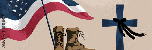 Vector illustration of flag at half-mast, soldier’s boots, and memorial cross – Ideal for remembrance, tribute designs, or military honor.