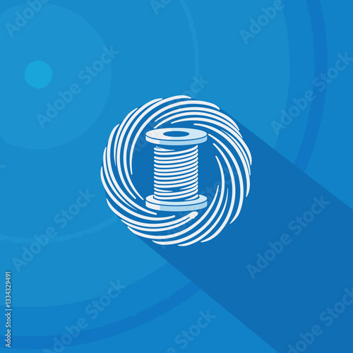 Stylized sewing thread spool logo with swirling lines on a blue background