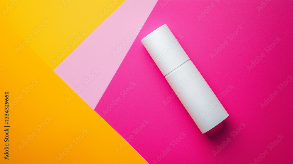 Mockup of a white cylindrical cosmetic bottle on a pink and yellow background
Mockup of a white cylindrical cosmetic bottle on a pink and yellow background