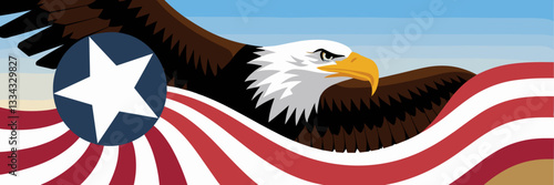 Vector illustration of a bald eagle with spread wings, a star, and a striped banner – Ideal for American pride content, Independence Day, or patriotic celebrations.