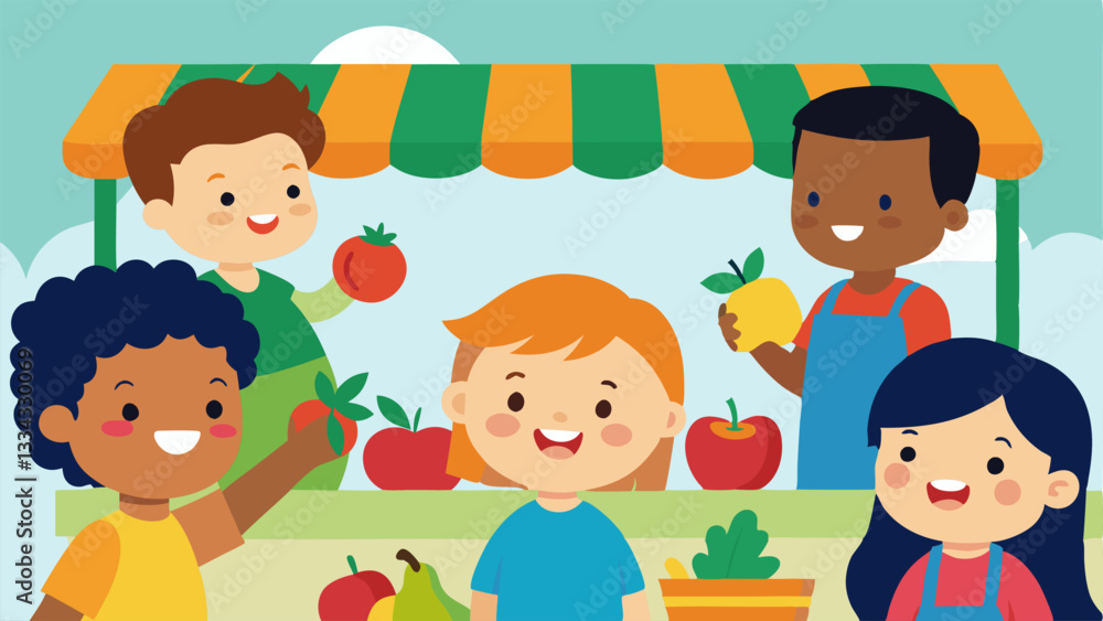 Healthy Eating An illustration of a fun fruit and vegetable market where children are excitedly picking colorful produce with animated fruits smiling and inviting them to learn Healthy Eating An illustration of a fun fruit and vegetable market where children are excitedly picking colorful produce with animated fruits smiling and inviting them to learn