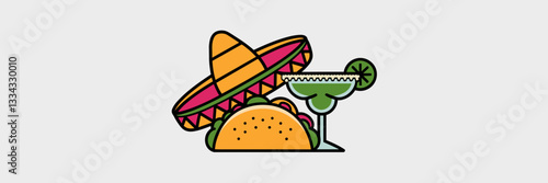 Vector illustration of sombrero, margarita glass, and taco with green liquid and lime wedge