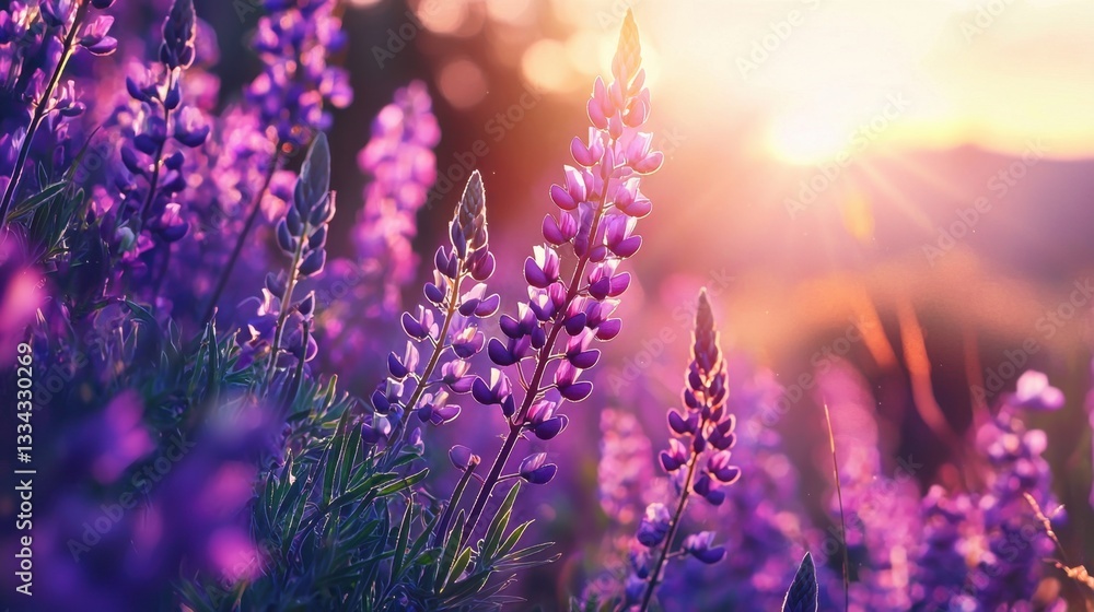 Obraz premium Purple flowers sway gently in the warm breeze as the sun sets, casting a golden glow over the serene landscape, creating a peaceful atmosphere