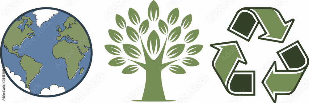 Vector illustration of Earth, tree, and recycle symbol – Great for eco-friendly campaigns, environmental awareness, or sustainable branding. Vector illustration of Earth, tree, and recycle symbol – Great for eco-friendly campaigns, environmental awareness, or sustainable branding.