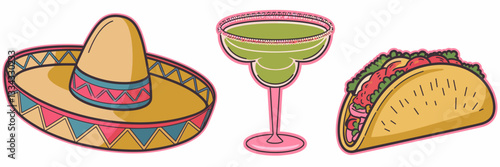 Vector illustration of a sombrero, margarita glass, and taco – Perfect for Mexican-themed parties, food blogs, or festive celebrations.