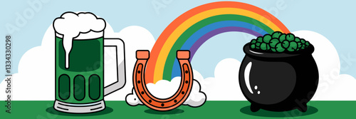 Vector of green beer mug, rainbow, pot of gold, and lucky horseshoe with cloudy sky – Ideal for festive celebrations, St. Patrick’s Day events, or holiday-themed content.