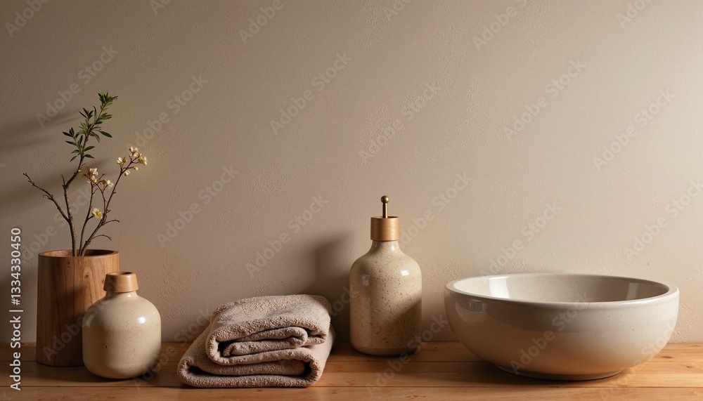 Minimalistic bathroom decor with towels and vases on wooden surface Minimalistic bathroom decor with towels and vases on wooden surface