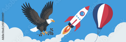 Vector illustration of American eagle with outspread wings, rocket, and balloon – Suitable for 4th of July celebrations, Independence Day events, or American pride content.