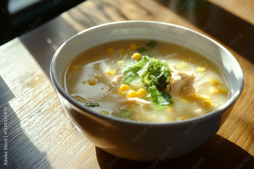 A comforting bowl of homemade chicken and sweetcorn soup, garnished with fresh scallions and served in a white bowl on a wooden table bathed in natural sunlight A comforting bowl of homemade chicken and sweetcorn soup, garnished with fresh scallions and served in a white bowl on a wooden table bathed in natural sunlight