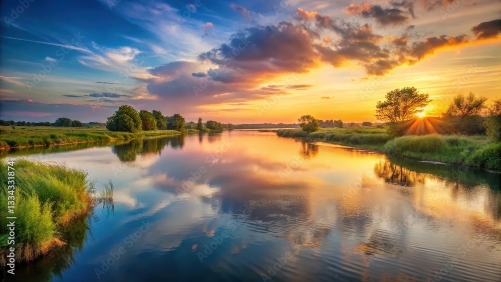 Fototapeta premium Serene River Landscape at Sunset, peaceful, horizon, peaceful, horizon, water, sunset, tree, landscape, tranquil , atmosphere