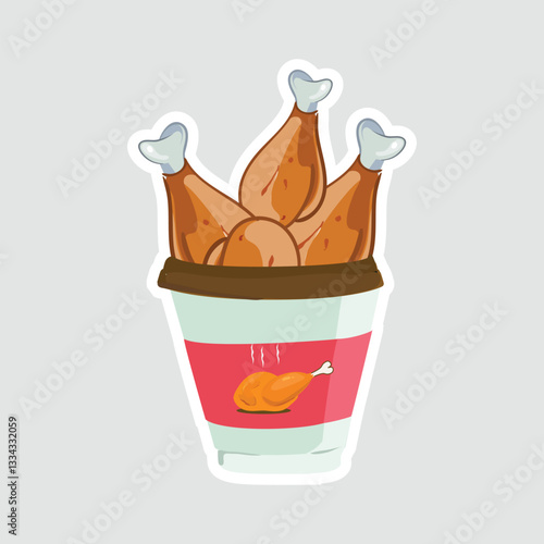 Fried Chicken Bucket Vector Illustration Sticker. Cartoon-style vector sticker of a bucket filled with crispy fried chicken drumsticks. Perfect for food lovers, restaurant decor, and culinary designs