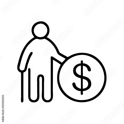 Elderly person with a dollar sign representing a financial retirement plan, simple black vector illustration