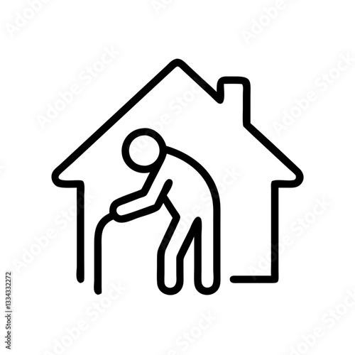 Elderly person with a cane inside a nursing home, simple black vector illustration