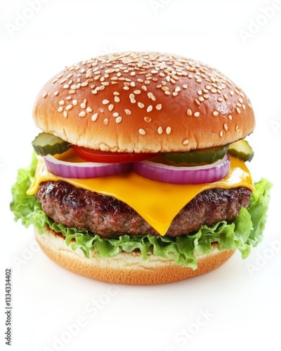 An inviting cheeseburger with a thick beef patty, gooey cheese, and fresh vegetables, placed on a white background.