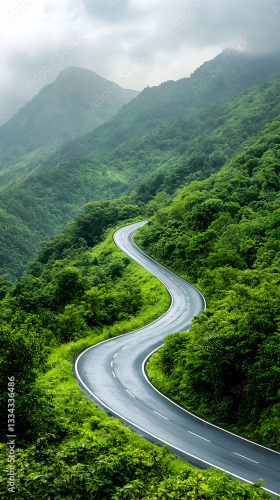 Fototapeta premium Driving Scenic Winding Road Through Lush Green Mountain Landscape on Cloudy Day