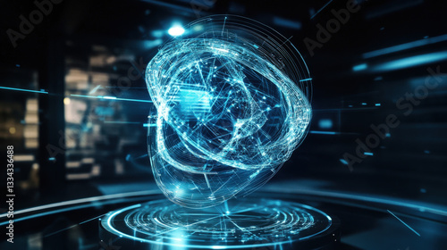 Futuristic technology sphere with digital network connections on a sleek platform a vision of advanced technological innovation and data connectivity