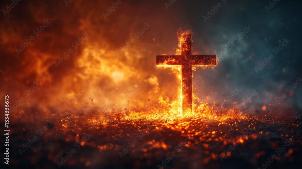 A Fiery Cross Emanates Light and Hope Amidst a Landscape of Burning Embers and Divine Energy Radiating Outwards A Fiery Cross Emanates Light and Hope Amidst a Landscape of Burning Embers and Divine Energy Radiating Outwards