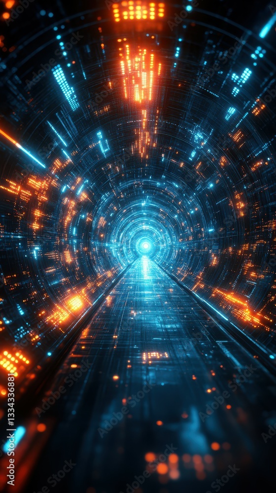 Digital tunnel illuminated by blue and orange lights represents the journey through technology and innovation in a futuristic realm Digital tunnel illuminated by blue and orange lights represents the journey through technology and innovation in a futuristic realm