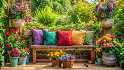 Wallpaper Mural Cozy outdoor seating area surrounded by lush greenery and vibrant flowers Torontodigital.ca