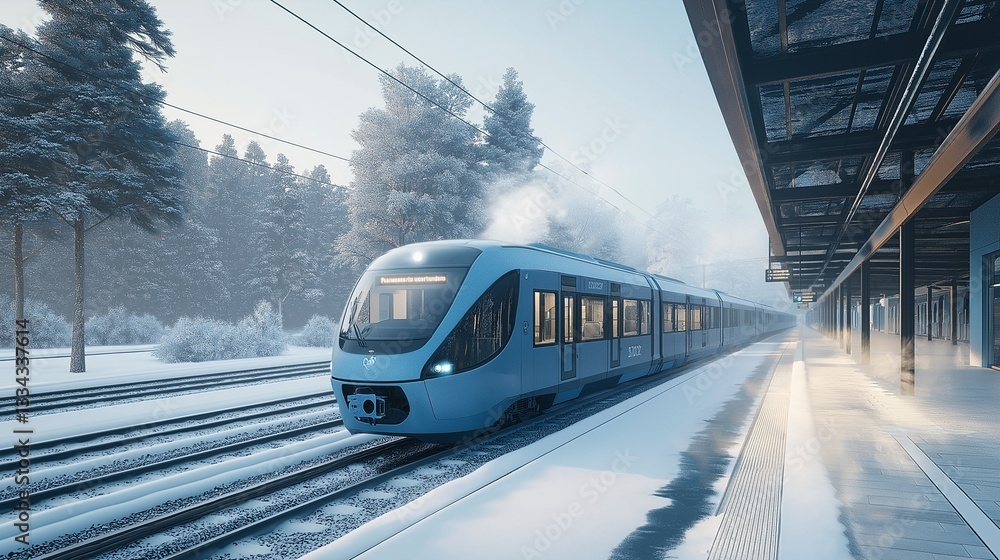 Fototapeta premium hydrogen fuel cell-powered train, emitting only water vapor, pulling into a modern railway station amidst a winter wonderland