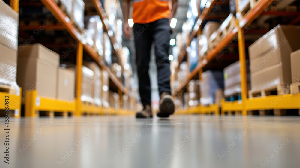 worker walks through warehouse aisle with shelves of boxes worker walks through warehouse aisle with shelves of boxes