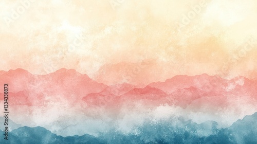 Watercolor landscape of misty mountains at sunrise.