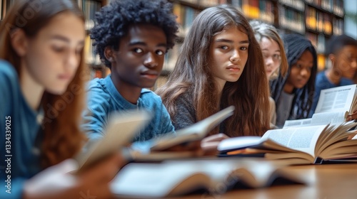Diverse students studying together in a library setting surrounded by books