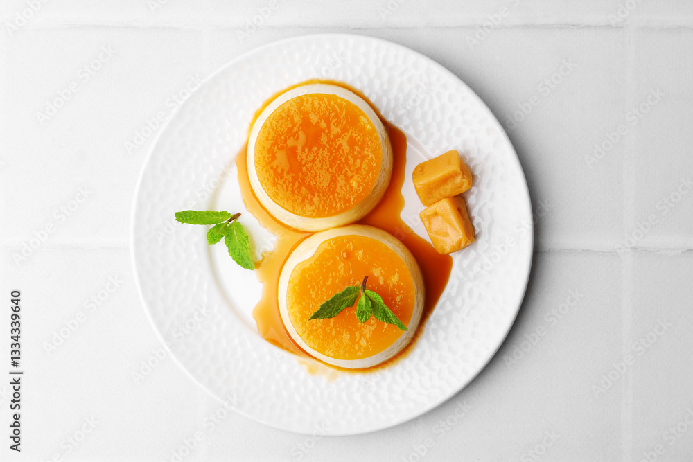 Tasty puddings with caramel sauce served on white tiled table, top view Tasty puddings with caramel sauce served on white tiled table, top view