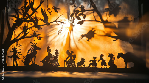 Enchanting shadow puppet show silhouetted against a golden sunlit backdrop featuring magical creatures and whimsical characters in a forest setting for storytelling