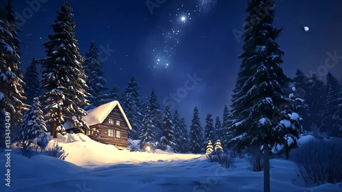 Snowy house in night forest