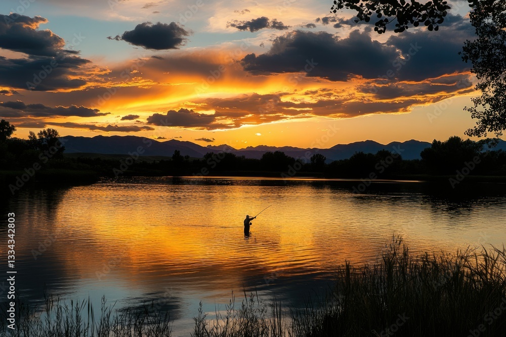 Fototapeta premium Evening Bliss: Last Cast During a Fly Fishing Sunset in Montana's Tranquil Waters