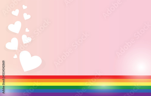 Romantic LGBT Pride Background with Rainbow and Flying Hearts. Love and Equality Concept. Editable image.