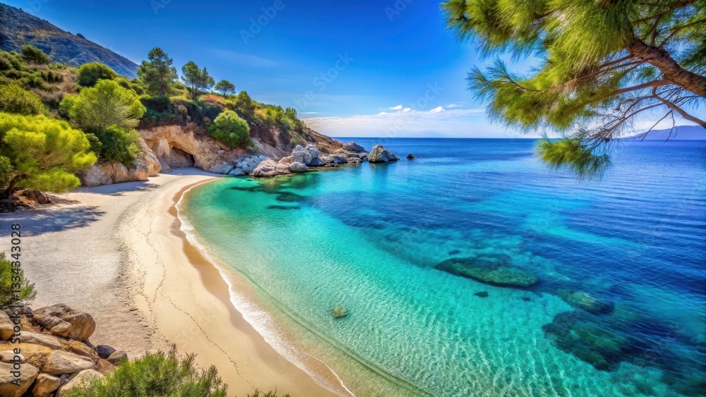 Obraz premium Serene beach scene with crystal clear blue water at Livadi in Ikaria island, surrounded by lush greenery and white sandy shores , blue ocean, serene landscape