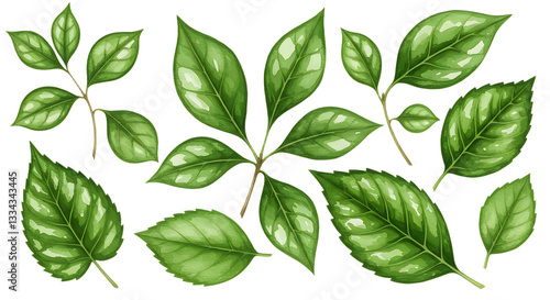 Elegant watercolor botanical illustration of green leaf assortment isolated design
